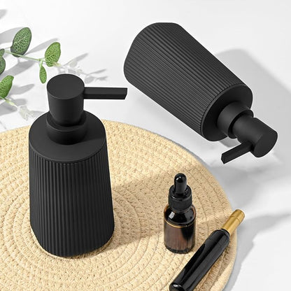 Black 2 Pack Hand Soap Dispensers Set with No Rust Pump for Bathroom and Kitchen Countertops Refillable Matte Striped Plastic 8.5 oz