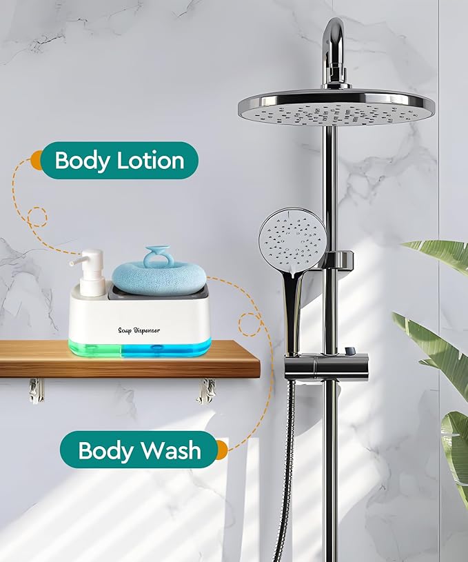 Kitchen Dish Soap Dispenser Set，Dish and Hand Soap Dispenser with Sponge Holder, 3-in-1 Countertop Sponge Dual Soap Pump Dispenser for Kitchen Sink - White - Image 5
