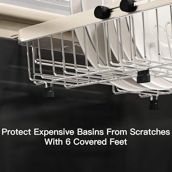 MAJALiS Dish Drying Rack Over The Sink, Expandable Stainless Steel Dish Drainer for Small Kitchen Counter Space Saving, RV Compact Plate Strainer In Silver Metal with Hanging Adjustable Utensil Holder - Image 8