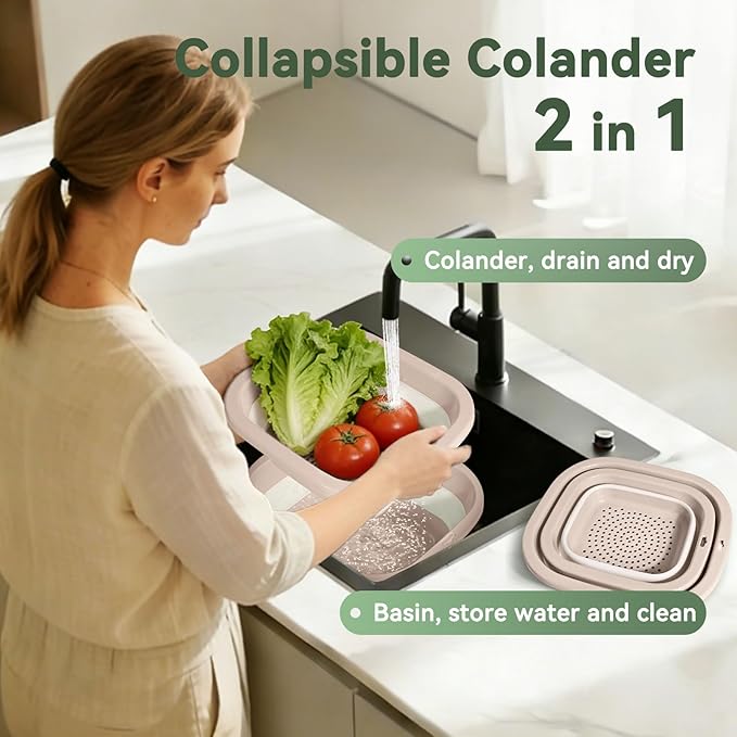 3 Sets 2 in 1 Collapsible Colander and Sink Basin - Collapsible Strainer with Collapsible Wash Basin for Kitchen, RV Camping, Foldable Fruit Vegetable Washing Basket, 2QT 4QT 8QT, Pink