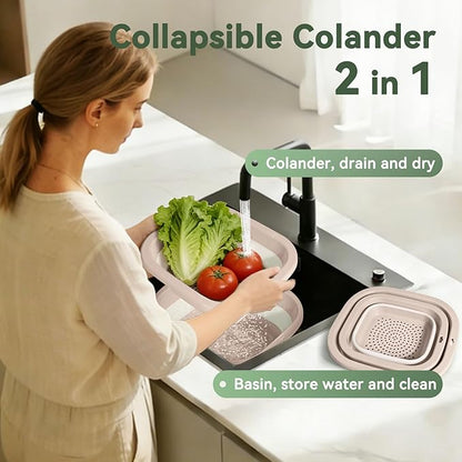 Collapsible Colander and Sink Basin Set - 2 in 1 Collapsible Colander Strainer with Collapsible Wash Basin for Kitchen, RV Camping, Foldable Fruit Vegetable Washing Basket, 8 QT, Pink