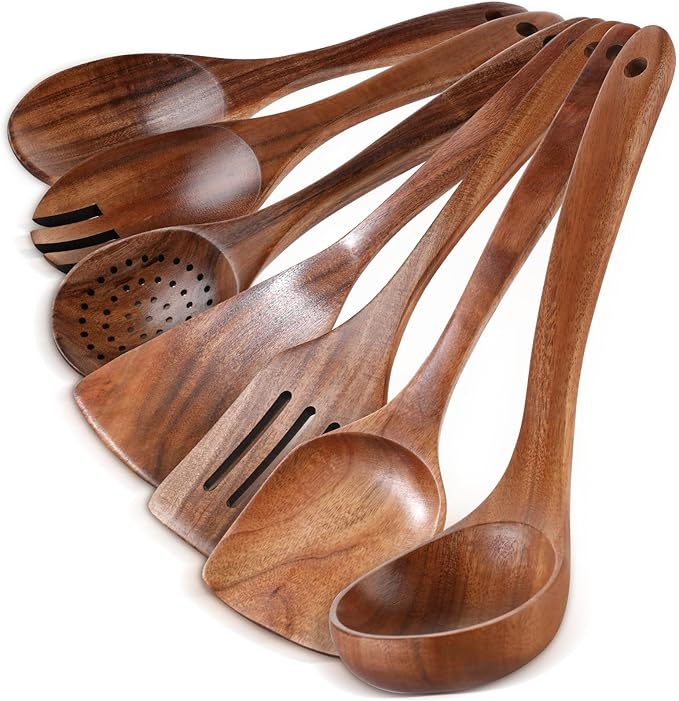 Wooden Spoons for Cooking - 7 Pieces Wooden Kitchen Utensils Set, Smooth Natural Teak Wood Utensil Set, Nonstick Heat-Resistant Cooking Utensils - Lightweight & Sturdy, Wooden Spatula for Cooking by GianAbor