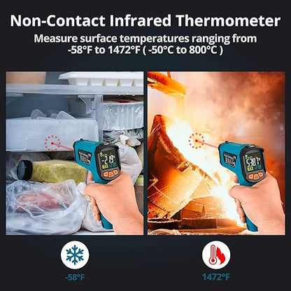Tilswall Infrared Thermometer, -58°F to 1472°F(-50~800°C), Non-Contact Digital Laser Thermometer with Probe, Adjustable Emissivity, High/Low Temperature Alarm, for Cooking/BBQ/Freezer(NOT for Human)