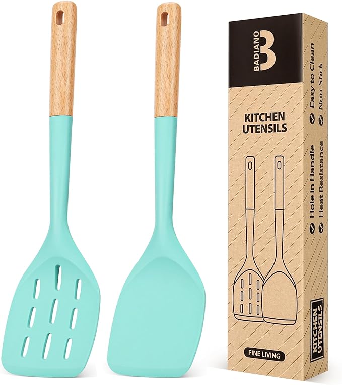 Pack of 2 Silicone Spatula, Non Stick Cooking Utensil Set Stainless Steel Handle Kitchen Turner for Baking Mixing Grilling Serving Food Heat Resistant Non Scratch Hooks Included (Green) by BADIANO