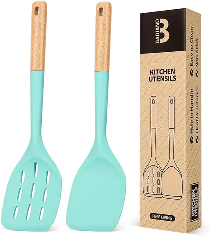Pack of 2 Silicone Spatula, Non Stick Cooking Utensil Set Stainless Steel Handle Kitchen Turner for Baking Mixing Grilling Serving Food Heat Resistant Non Scratch Hooks Included (Green) by BADIANO