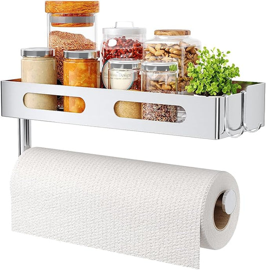 Paper Towel Holder Wall Mount for Bathroom, Paper Towel Holder with Shelf for Kitchen, RV Paper Towel Rack Stainless Steel, Silver