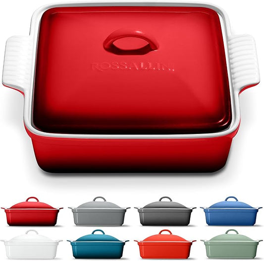 ROSSALLINI Stoneware Casserole Dish Bakeware with Lid | Covered Square Dinnerware | Medium 2 Quart, [Deep Red]