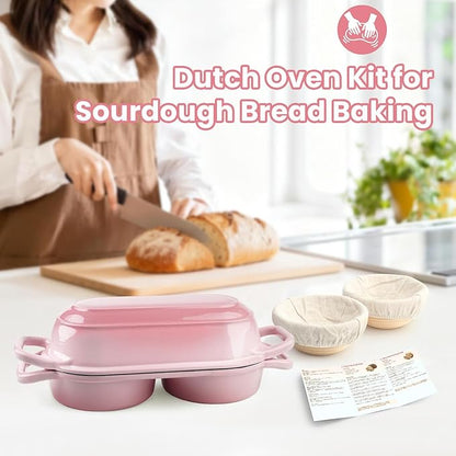 YONILL Mini Double Dutch Oven for Sourdough Bread Baking - Enameled Cast Iron Dutch Oven Pot with Lid and 5" Banneton Bread Proofing Basket Kit, Dual Round Bread Loaf Pan for Homemade Baking (Pink) - Image 7