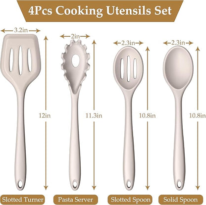 LIANYU 4Pcs Kitchen Utensils Set, Food-Grade Silicone Cooking Utensils, Farmhouse Kitchen Tools for Nonstick Cookware, Include Spoon, Turner, Pasta Server, Heat Resistant, Dishwasher Safe, Khaki - Image 2