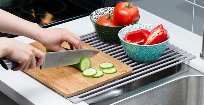 Surpahs 20.5 x 13.1 Inch Roll-Up Dish Drying Rack, Fits Across Sink Openings up to 19.5 Inches, Heavy-Duty Premium Silicone, Strong Support, Non-Slip, Heat-Resistant, Warm Gray - Image 6