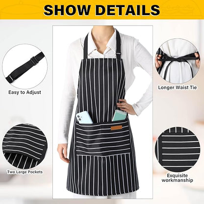 Handepo 4 Pcs Kitchen Aprons with Pockets Adjustable Waterproof Cotton Aprons Striped Apron for Women Men Chef Mother Gift - Image 3