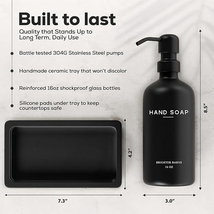 Black Glass Soap and Lotion Dispenser Set with Tray by Brighter Barns - Hand Soap Dispenser Bathroom Set & Stainless Steel Pump for Home - Modern Bathroom Accessories, Modern Decor (Black) - Image 3
