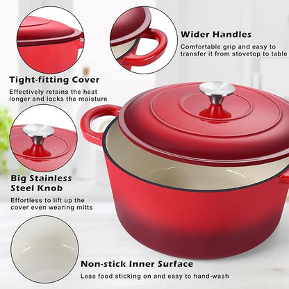 TeamFar Enameled Cast Iron Dutch Oven, 7qt Dutch Oven Pot Nonstick Cookware with Lid & Dual Handles for Bread Baking, Cooking, Oven Safe up to 500℉ & Various Stovetops, Healthy & Heavy Duty - Red - Image 3