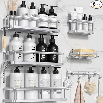YASONIC Shower Caddy, Large Capacity Bath Organizer with Soap Holder and 12 Hooks, 6 Pack Rustproof Bathroom Shelves for Inside Shower, No Drilling&Sleek Bathroom Organizers and Storage Silver by YASONIC