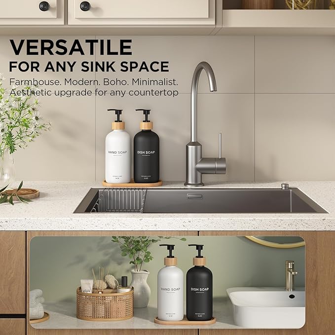 Hand and Dish Soap Dispenser Set,16oz Glass Bottles with Printed Labels, Bamboo Tray & Pump,Countertop Soap Dispensers for Kitchen,Luxury, Minimalist & Farmhouse Decor (Hand Dish (Black/White)) - Image 4