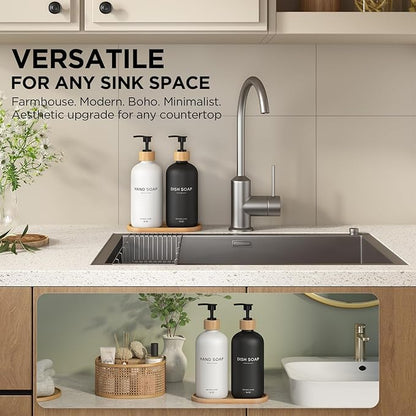 Hand and Dish Soap Dispenser Set,16oz Glass Bottles with Printed Labels, Bamboo Tray & Pump,Countertop Soap Dispensers for Kitchen,Luxury, Minimalist & Farmhouse Decor (Hand Dish (Black/White)) - Image 4