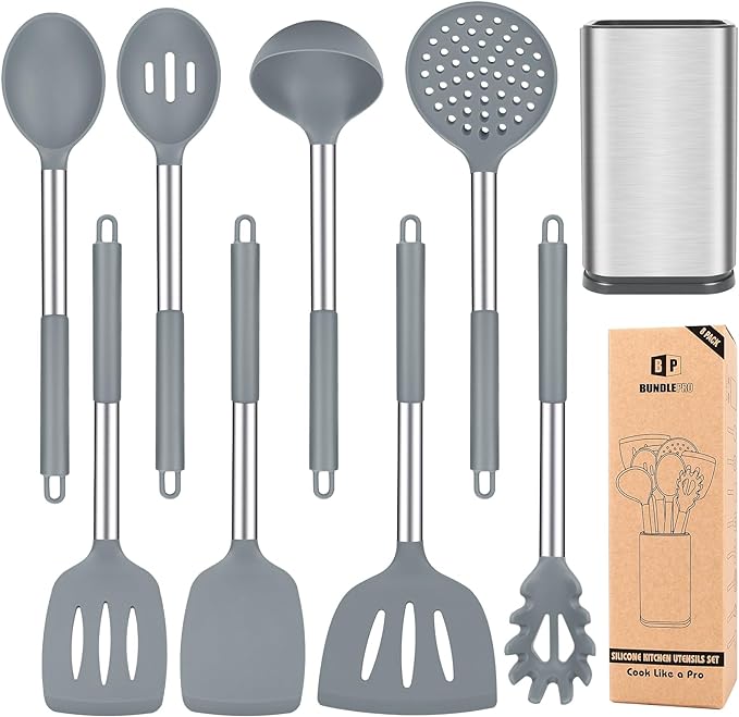 Silicone Cooking Utensil Set, 8Pcs Non-stick Cookware with Stainless Steel Handle, BPA Free Heat Resistant Kitchen Tools with Spatulas, Turnesr, Spoons, Skimer and Pasta Fork (GRAY) by BUNDLEPRO