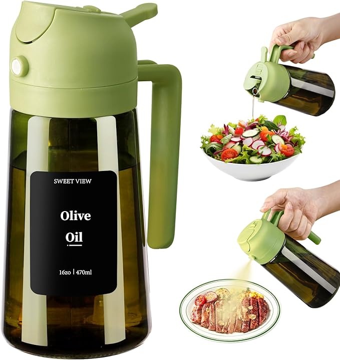 SWEET VIEW Olive Oil Dispenser and Oil Sprayer – 16oz/470ml Glass Light-Proof Oil Pourer for Kitchen, Air Fryer, Cooking, Salad, and BBQ by SWEETVIEW