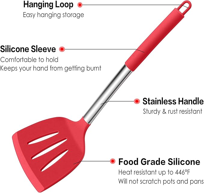 LIANYU 15-Piece Cooking Kitchen Utensils Set with Holder, Silicone Kitchen Tools Stainless Steel Handle, Slotted Spatula Spoon Turner Tong Whisk Brush for Cooking, Red - Image 3