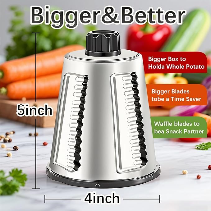 VEKAYA Rotary Cheese Grater Hand Crank with 4 Interchangeable Stainless Steel Blades, Large Manual Handle Shredder and Waffle Slicer for Vegetables, Cheese and Nuts with Table Suction Base (Red)