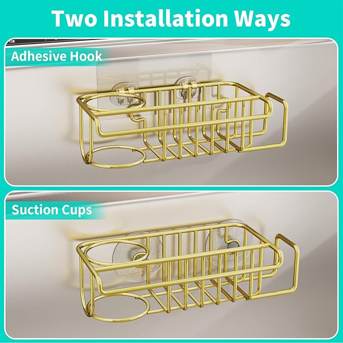 HapiRm Sponge Holder for Kitchen Sink, No Drill Kitchen Sink Caddy Organizer, Rustproof Dish Sponge Holder- Gold(8.73 * 3.54 * 2.36in) - Image 2