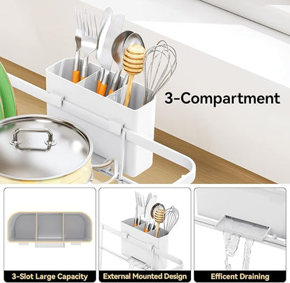 TOOLF Dish Drying Rack, Dish Racks for Kitchen Counter, Stainless Steel Sink Organization and Storage Essentials with Cutlery Holder, Dish Drainer, Home and Appartment Decor, 12.4''W x 16.5''L, White