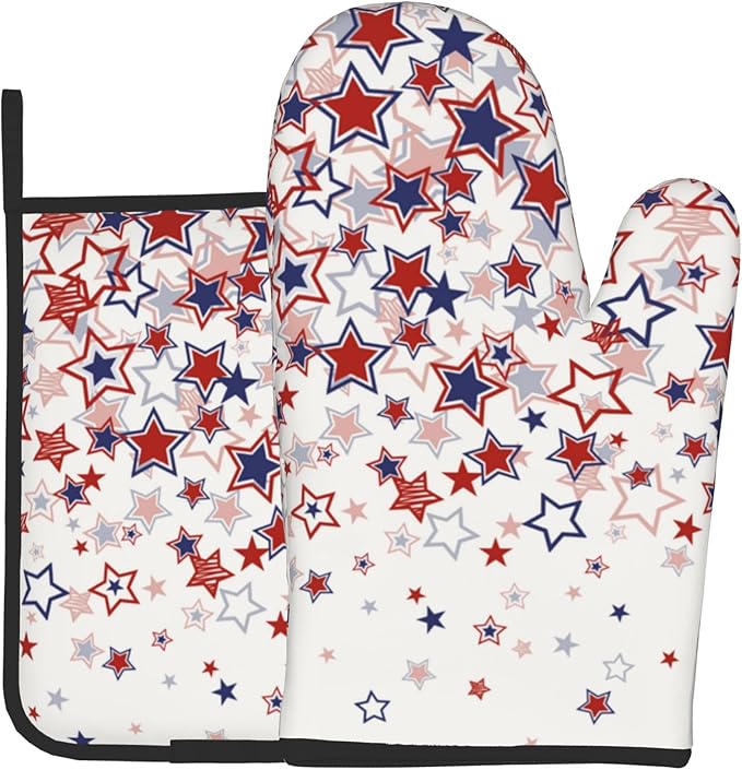 Stars Oven Mitts - Patriotic Kitchen Mitts Pot Holders Red White and Blue Hot Mitts 4th of July Hot Pads Sets of 2 for Cooking Baking Grilling by DZGlobal