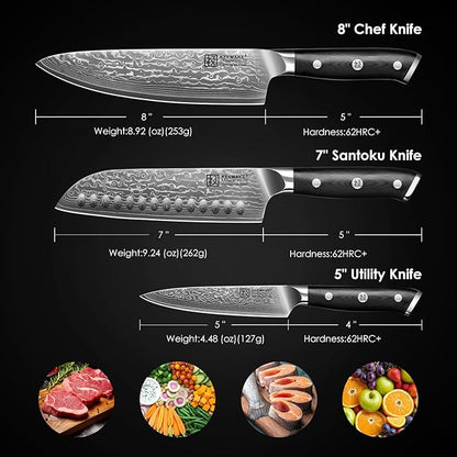 KEEMAKE Damascus Kitchen Knife Set, 3 PCS Japanese Knife Sets with Full Tang Ergonomic Handle, 67 Layers Damascus Chef Knives, Gift Box for Men Husband