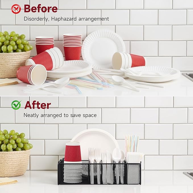 Utensil Caddy with Handle, Metal Paper Plate Holder for Kitchen Counter,Silverware Cutlery Caddy Organizer Flatware Storage for Plastic Spoon Fork Plates Napkins Cup Party Camping Black - Image 6