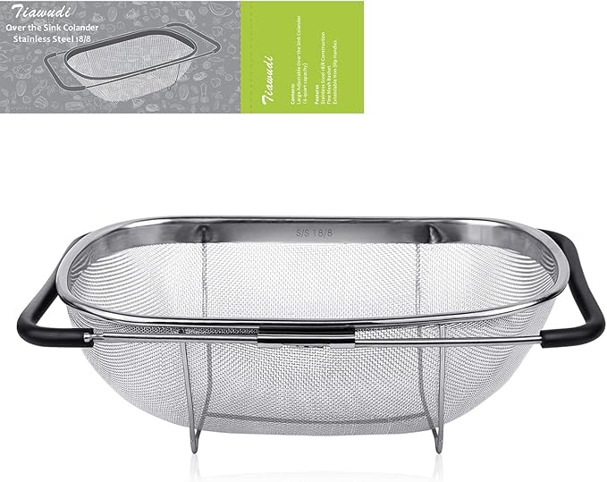 Tiawudi 6-Quart Large Over The Sink Colander, Heavy Duty 40% Thicker 18/8 Stainless Steel Fine Mesh Strainer Basket with Expandable Rubber Grip Handles - Strain, Drain, Rinse Fruits, Vegetables by Tiawudi