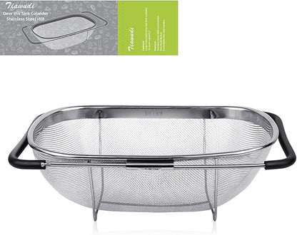 Tiawudi 6-Quart Large Over The Sink Colander, Heavy Duty 40% Thicker 18/8 Stainless Steel Fine Mesh Strainer Basket with Expandable Rubber Grip Handles - Strain, Drain, Rinse Fruits, Vegetables by Tiawudi