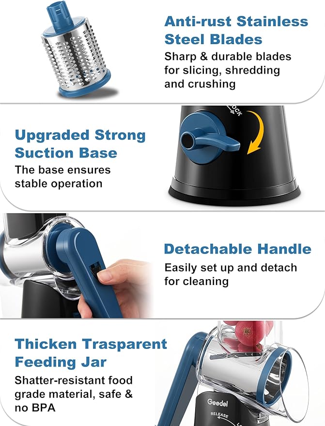 Geedel Rotary Cheese Grater Cheese Shredder - Upgraded 5-in-1 Cheese Grater with Handle and Strong Suction Base, Multi-purpose Vegetable Slicer Ice Shaver Nuts Grinder for Ice, Vegetables, Fruit, Nuts - Image 6