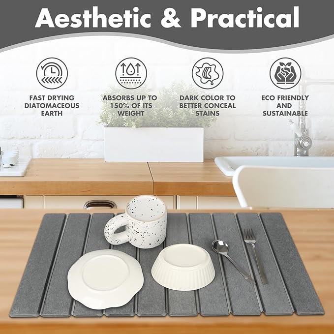Large Stone Dish Drying Mat for Kitchen Counter, Eco-friendly, Instant Drying Pad,Diatomaceous Earth Water Absorbing Mat, Foldable and Super Absorbent Dish Drying Stone Mat, 24"×16", Dark Gray - Image 2