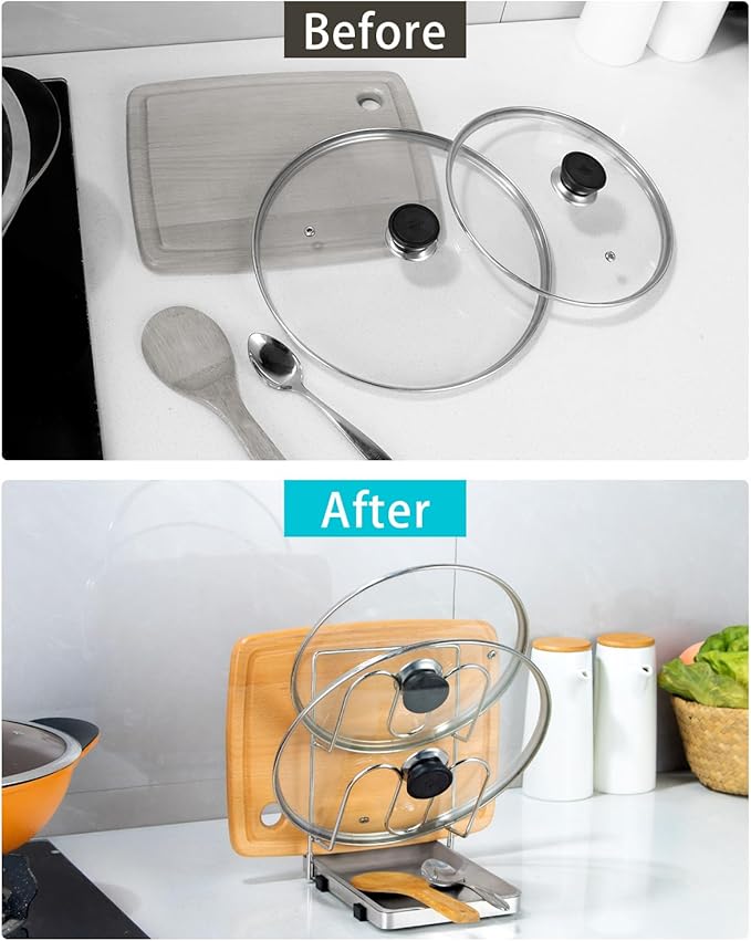 YQh pot lid holder,Two-compartment Stainless Steelcooking rack,pot lid holder while cooking,spoon rest with lid holder,spatula holder for counter,stove top shelf spoon and lid rest,pot lid organizer - Image 5