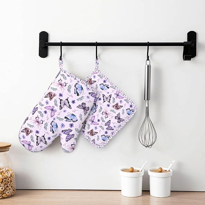Butterflies Oven Mitts and Pot Holders Set, Cute Kitchen Accessories Heat Resistant to 500°F, Non-Slip Silicone Grips for Baking, Cooking, Grilling, BBQ - Gift Idea