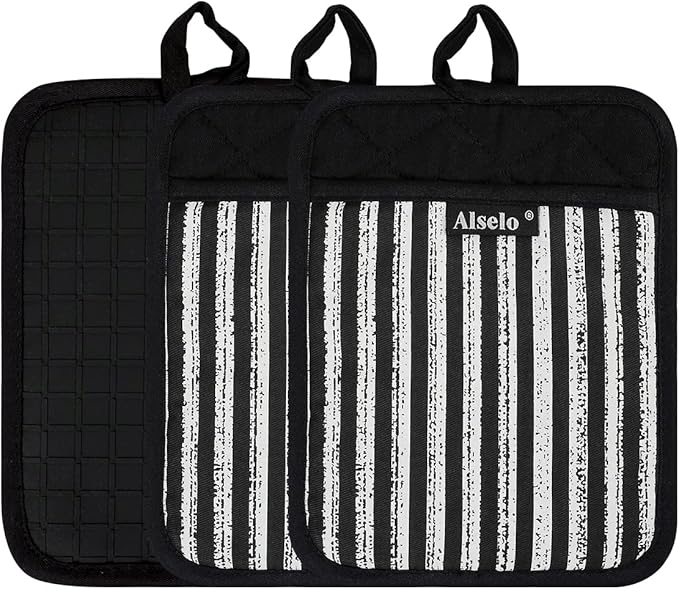 Alselo Silicone Pot Holders Set of 3 Heat Resistant & Non Slip Potholders, Professional Oven Hot Pads with Pockets Mitts for Kitchen Cooking Baking Barbecue (3, Black) - Image 8