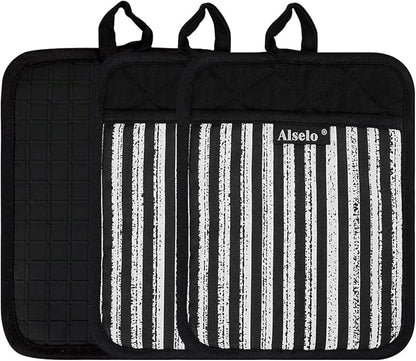 Alselo Silicone Pot Holders Set of 3 Heat Resistant & Non Slip Potholders, Professional Oven Hot Pads with Pockets Mitts for Kitchen Cooking Baking Barbecue (3, Black) - Image 8