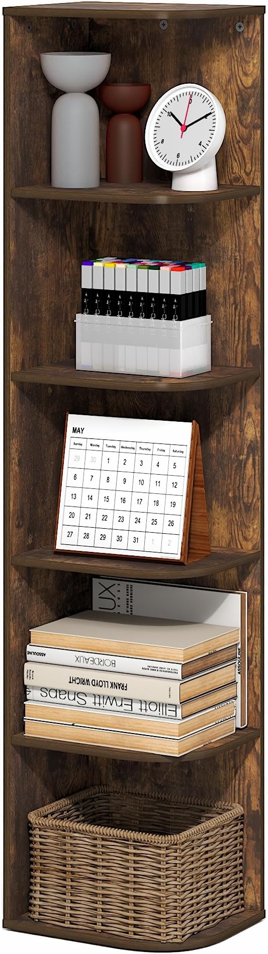 Furinno PASIR Book Shelf, 5-Tier Corner Bookshelf with Open Shelf, Standing Bookcase, 9.3 x 12 x 51.7, for Organization and Storage, for Living Room, Bedroom, Home Office, Amber Pine by Furinno-FitsYourSpaceFitsYourBudget