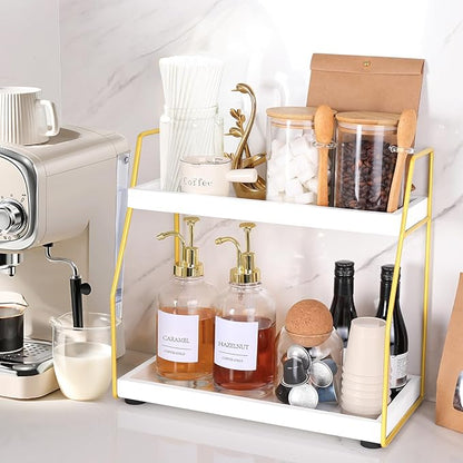 DWTS Coffee Bar Accessories,Coffee Station Organizer with Multi-Functional,CoffeeBar Decor for Accessories,2 Tier Wooden Shelf Gold Metal Station Organizer for Countertop,Syrup - Image 2