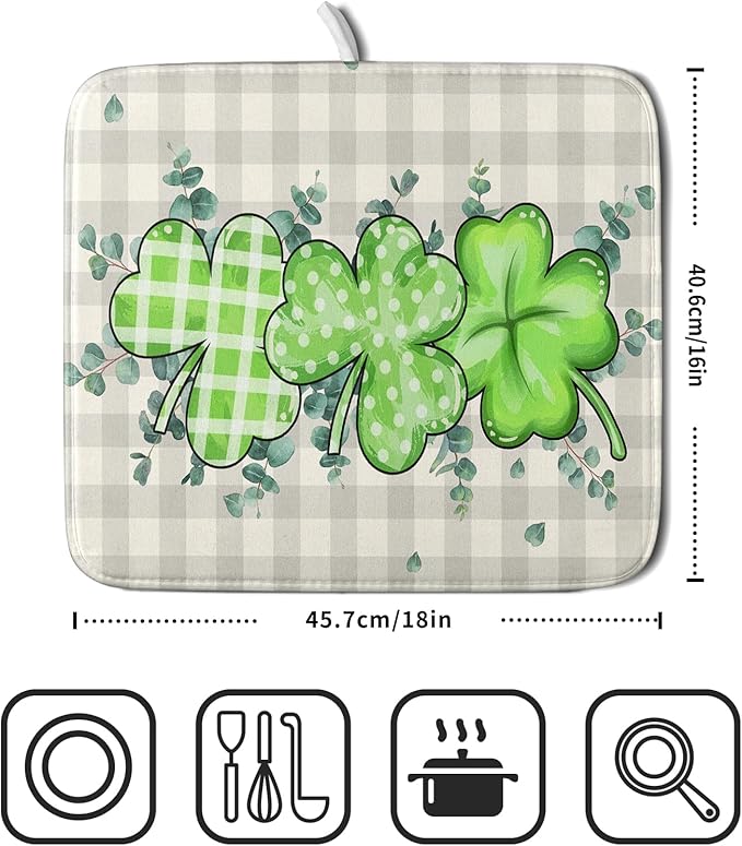 Giwawa Patrick Dish Drying Mat for Kitchen Green Clovers Grey Buffalo Plaids Dish Drainer Mats 16x18inch Spring Leaf Dish Drying Rack Pad Protector for Countertop Dining Holiday Decor
