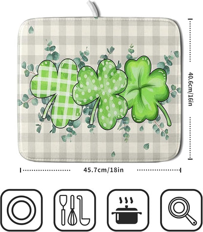 Giwawa Patrick Dish Drying Mat for Kitchen Green Clovers Grey Buffalo Plaids Dish Drainer Mats 16x18inch Spring Leaf Dish Drying Rack Pad Protector for Countertop Dining Holiday Decor