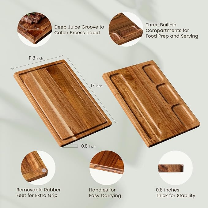 Kikcoin Acacia Wood Cutting Boards for Kitchen, Wooden Cutting Board, Chopping Board with Built-In Compartments and Juice Groove, Solid Charcuterie Board Serving Tray Wood Butcher Block, 17" x 11.8" - Image 2