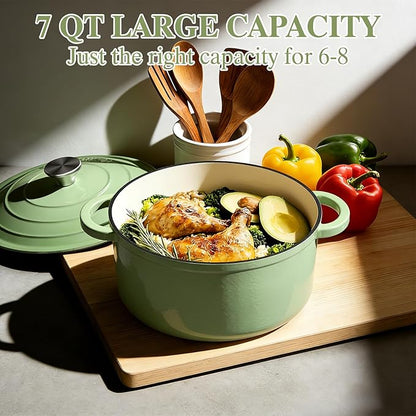 Umite Chef Enameled Cast Iron Dutch Oven-7QT Pot with Lid Cookbook & Cotton, Heavy-Duty Cookware for for Bread Baking, Braising, Stews, Marinate, Cook(Sage Green) - Image 3