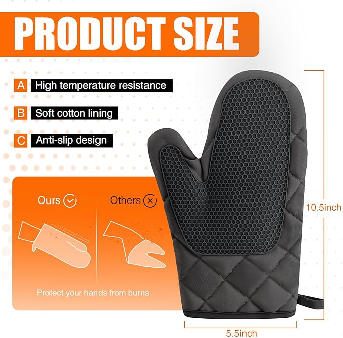 Silicone Oven Mitts, Heat Resistant 2PCS Oven Mitts with Soft Cotton Lining, Waterproof Non-Slip Grip Oven Glove, Kitchen Potholder Mits for BBQ, Baking, Cooking, 10.5Inch - Dark Black - Image 2