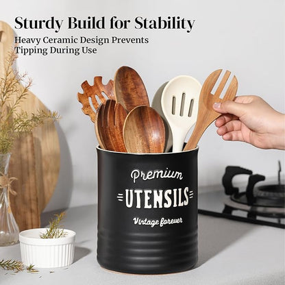 DOWAN 7.2″ Extra Large Utensil Holder, Farmhouse Utensil Holder for Kitchen Counter, Ceramic Utensil Crock with Protection Cork Mat, Utensil Storage for Kitchen Decor & Housewarming Gift, Matte Black - Image 3