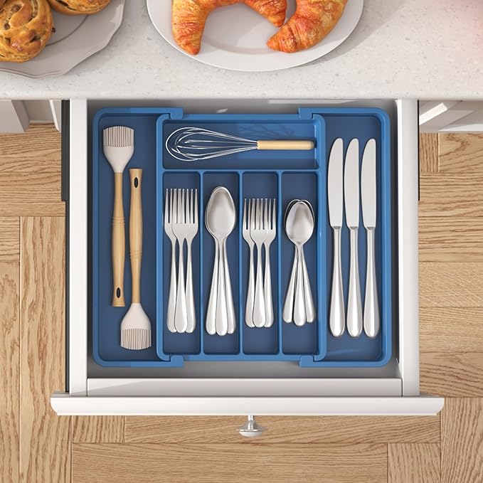 Lifewit Silverware Drawer Organizer, Expandable Utensil Tray for Kitchen, BPA Free Flatware and Cutlery Holder, Adjustable Plastic Storage for Spoons Forks Knives, 8.5"-14.1" x 12.1", Dark Blue - Image 8