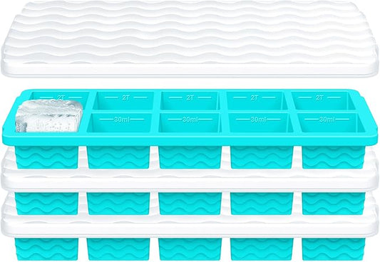 Ice Cube Tray with Lid – 3 Pack 2 Tbsp Ice Trays for Freezer, Stackable, BPA-Free, Easy Release Large Ice Cube Molds for Chocolate, Cocktails, Iced Coffee, Whiskey & Juice (10-cube,blue)