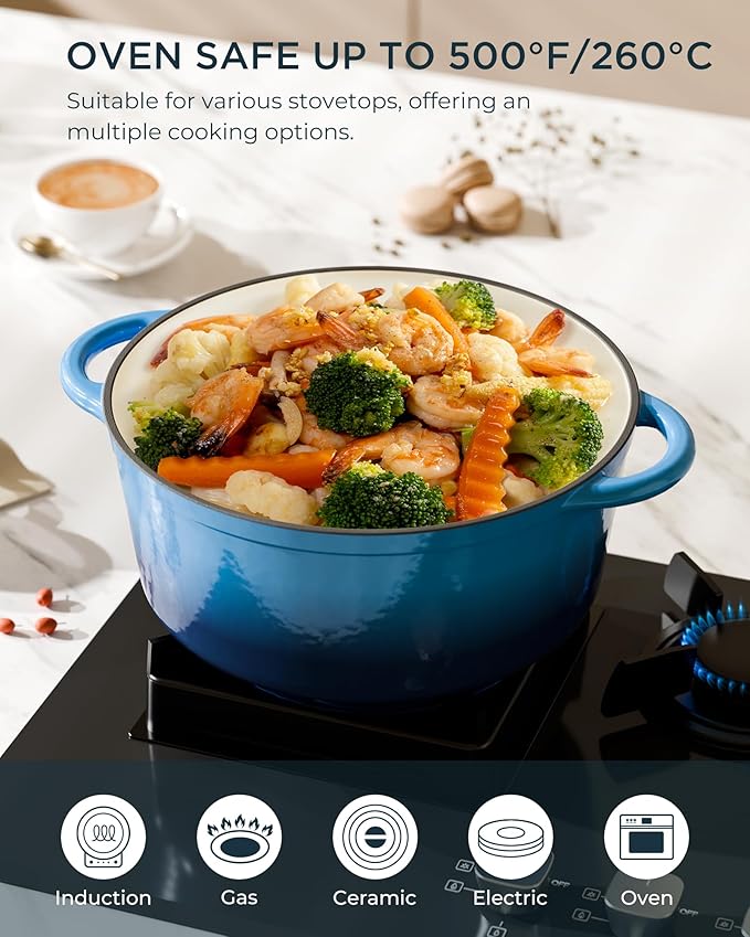 Enameled Cast Iron Dutch Oven - 7.5QT Dutch Oven Pot with Lid & Cotton Potholders - Heavy-Duty Non Stick Casserole Pot for Braising, Stews, Roasting, Baking, Suitable for All Stovetops, Navy Blue - Image 5
