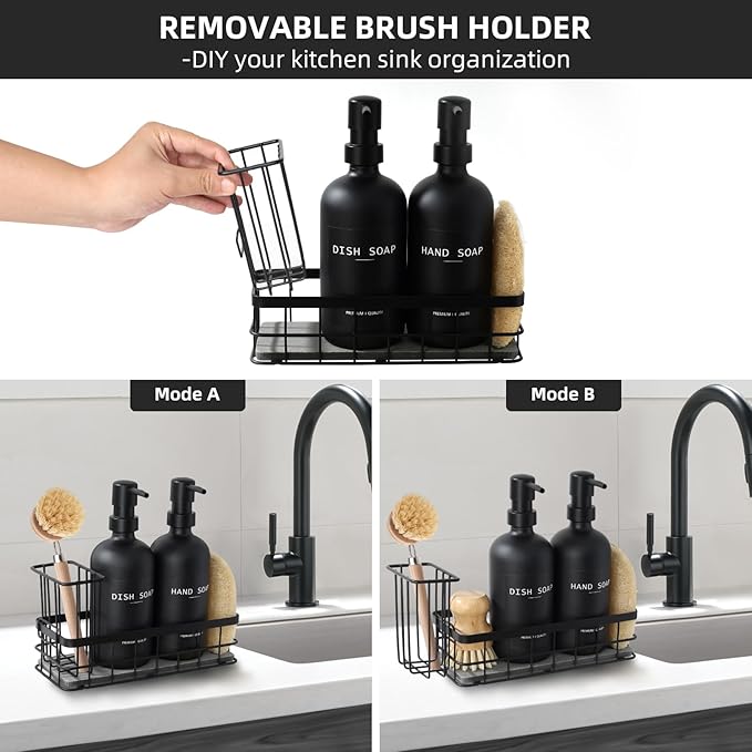 Dish Soap Dispenser for Kitchen, 16.9 fl oz Black Hand and Dish Soap Dispenser Set, Kitchen Soap Dispenser with Sponge Holder, Brush Holder and Loofah Sponge, Countertop Sink Organizer Accessories - Image 5