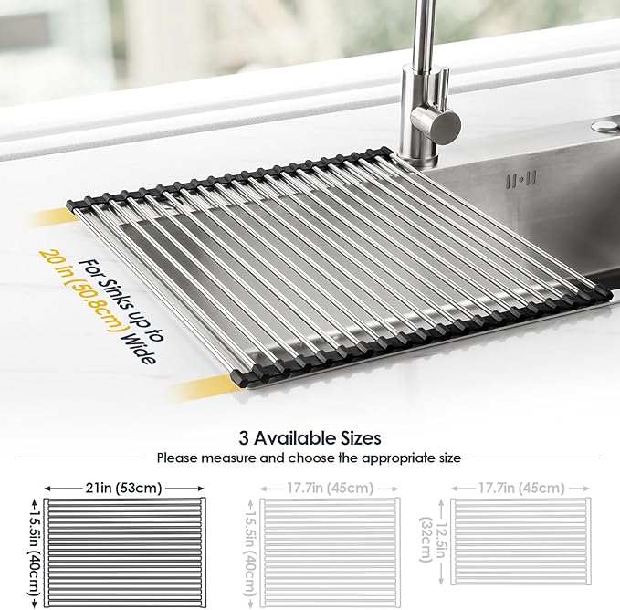 Tomorotec 21" x 15.5" Roll Up Dish Drying Rack Over Sink Drying Rack Sink Cover Kitchen Sink Accessories Gadget Multipurpose Organizer Foldable Stainless Steel Drainer - Image 4
